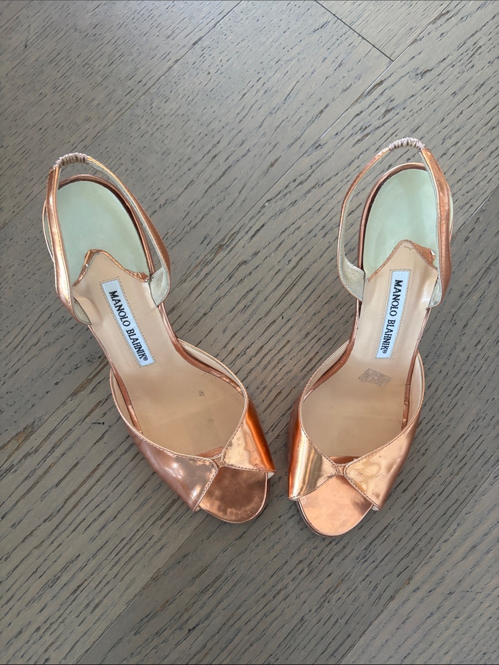 Manolo Blahnik Metallic Rose Gold Open-Toe Slingback Heels